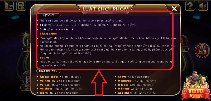 Thông tin luật tính tiền trong tựa game phỏm tại cổng game tdtc